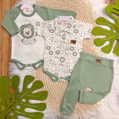 Conj. de Malha 3 peças - Leão Juba Colorida e Safari - Verde e Off White